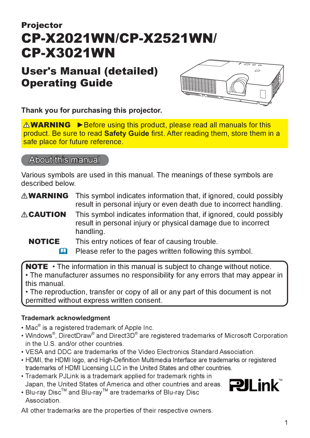 Hitachi CP-X2521WN user manual About this manual, Thank you for purchasing this projector, Trademark acknowledgment 