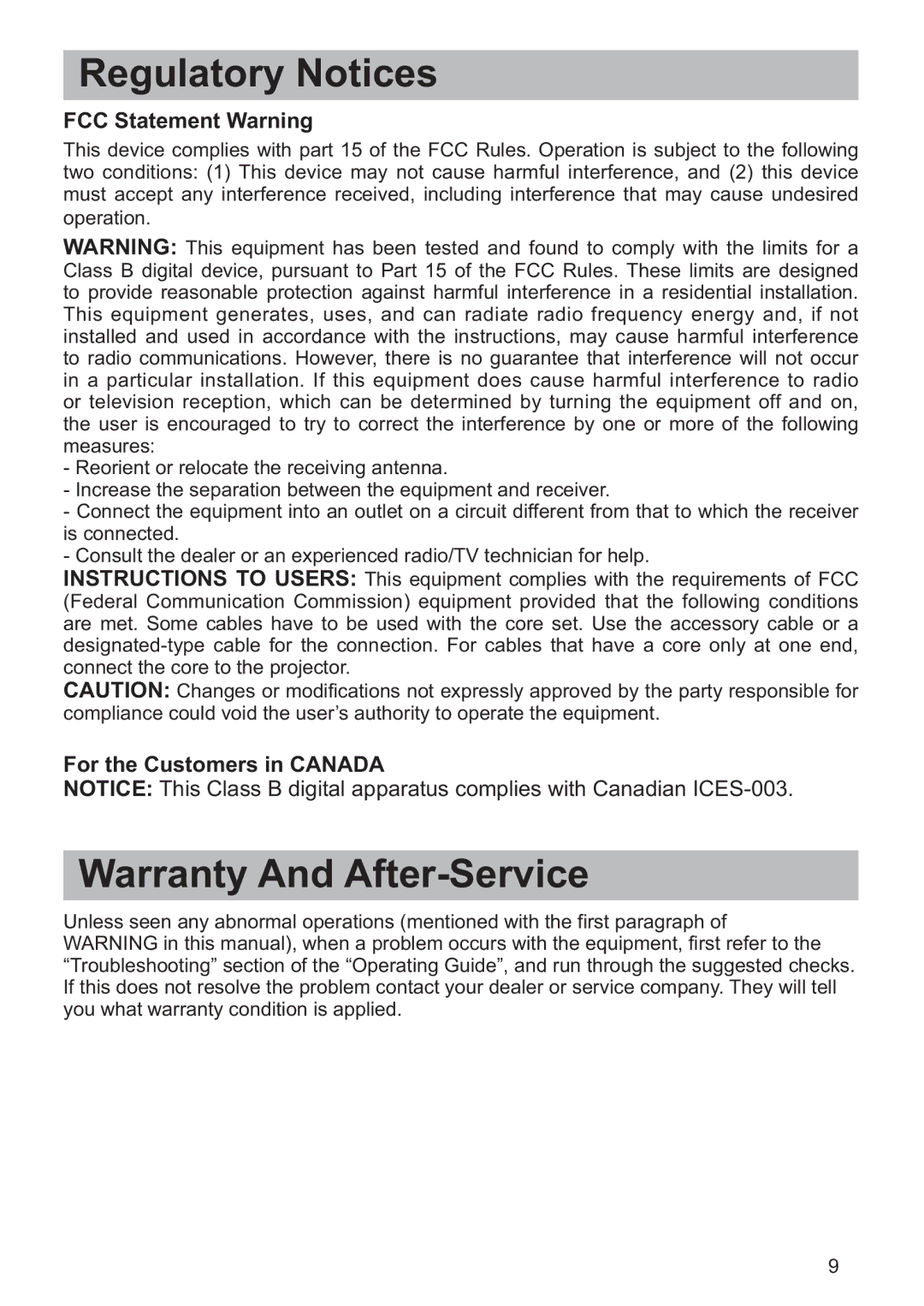 Hitachi CP-X3021WN, CP-X2521WN user manual FCC Statement Warning, For the Customers in Canada 