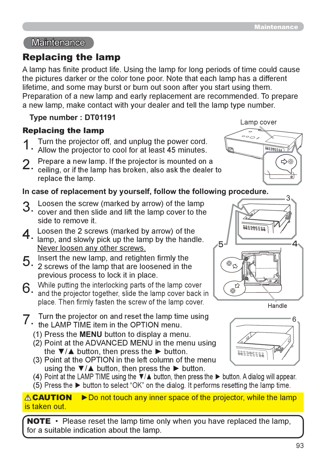 Hitachi CP-X3021WN, CP-X2521WN user manual Maintenance, Replacing the lamp, Type number DT01191 