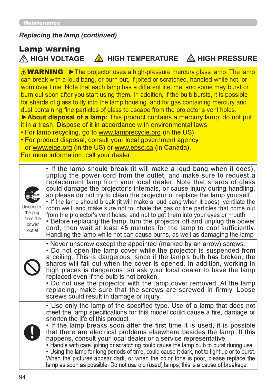 Hitachi CP-X2521WN, CP-X3021WN user manual Lamp warning, Replacing the lamp, Replaced even if the bulb is not broken 