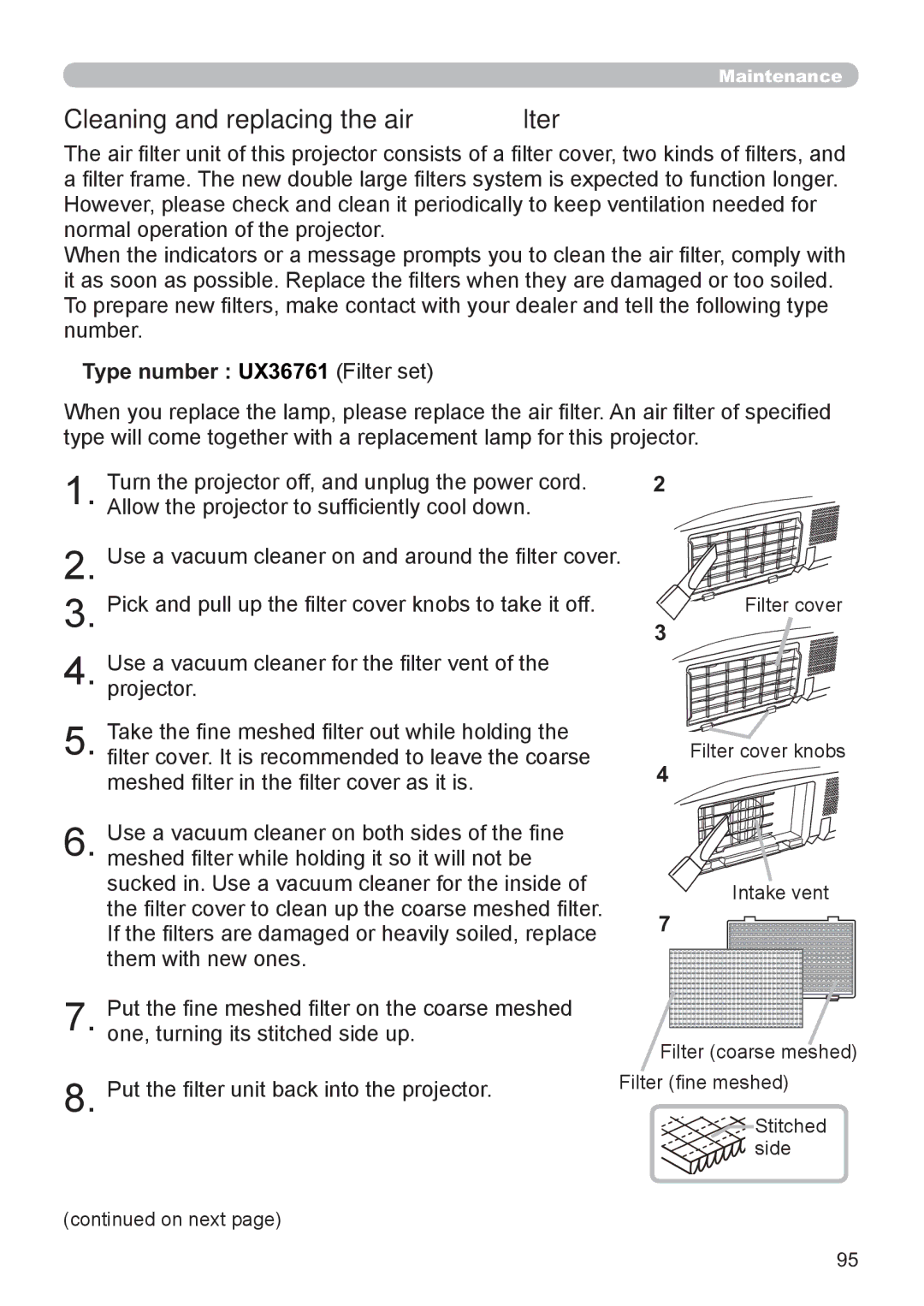 Hitachi CP-X3021WN, CP-X2521WN user manual Cleaning and replacing the air ﬁlter, Type number UX36761 Filter set 