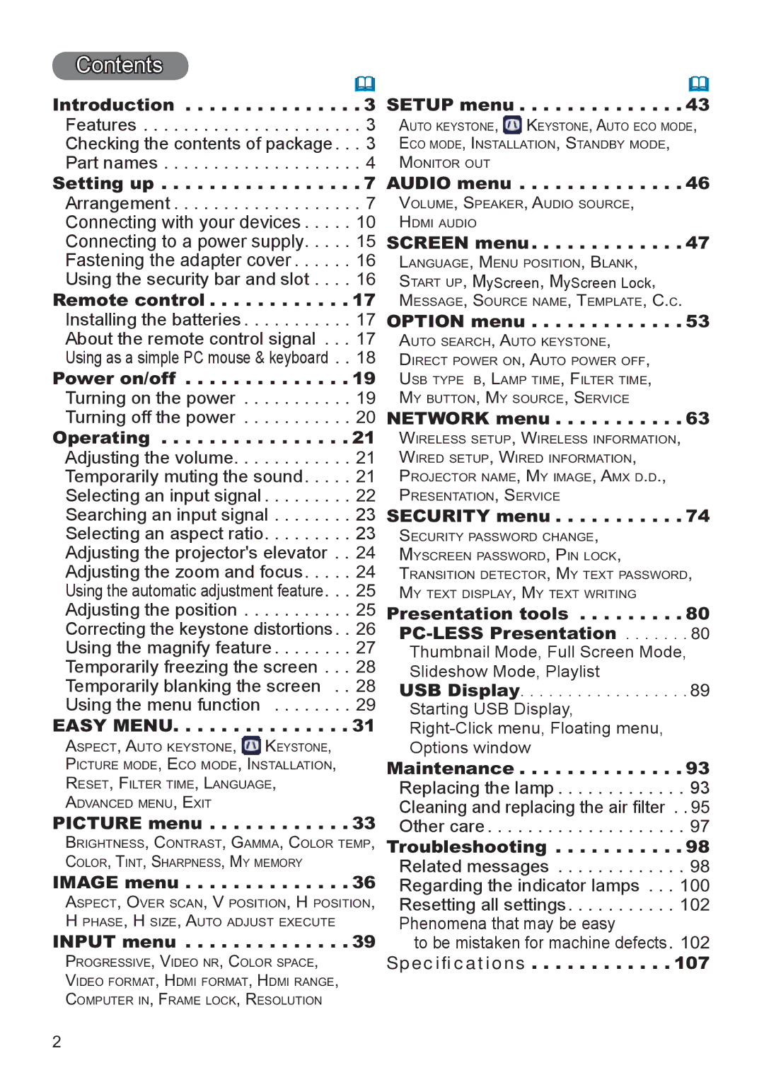 Hitachi CP-X2521WN, CP-X3021WN user manual Contents 