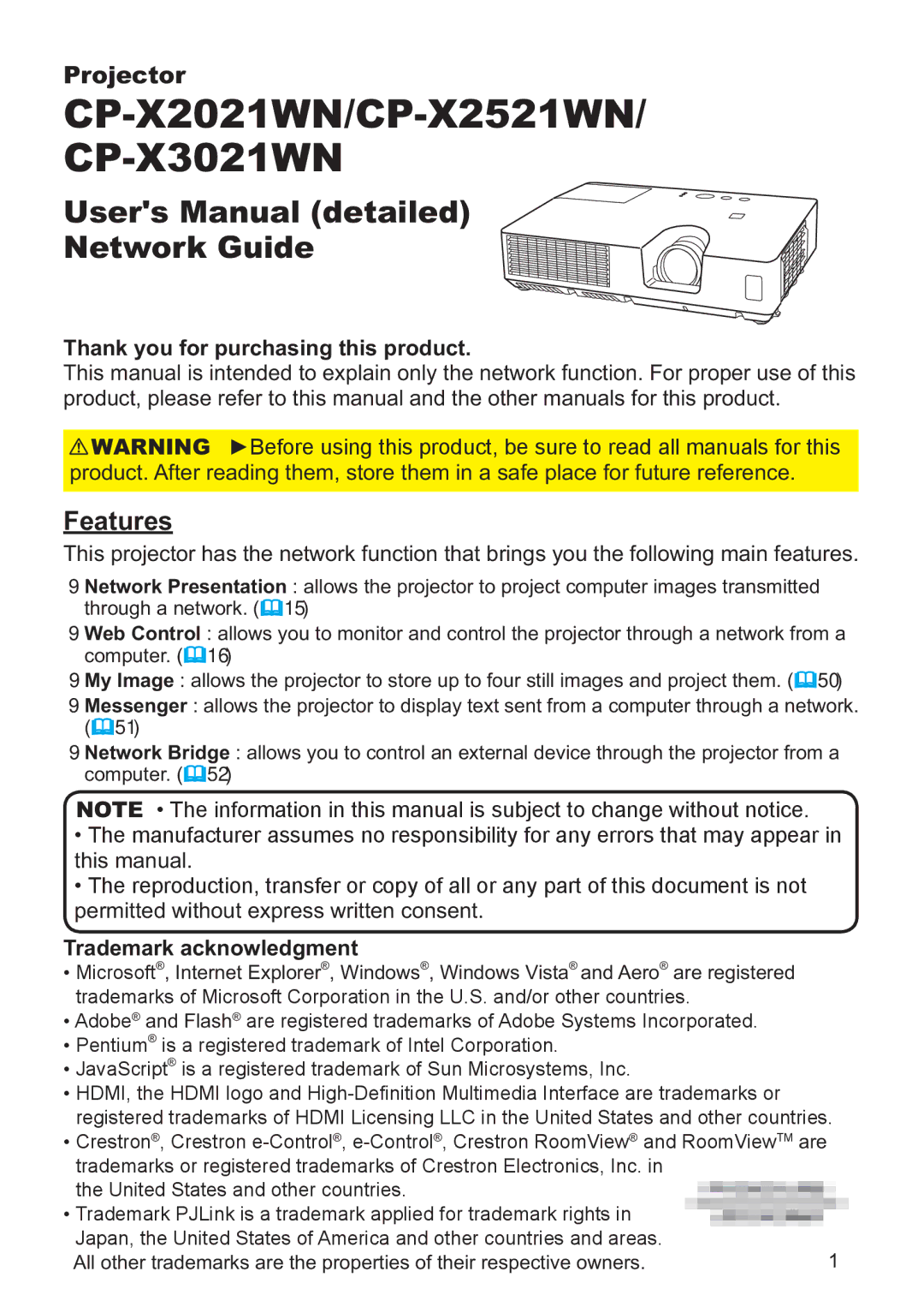 Hitachi CP-X2521WN, CP-X3021WN user manual Thank you for purchasing this product, Trademark acknowledgment 