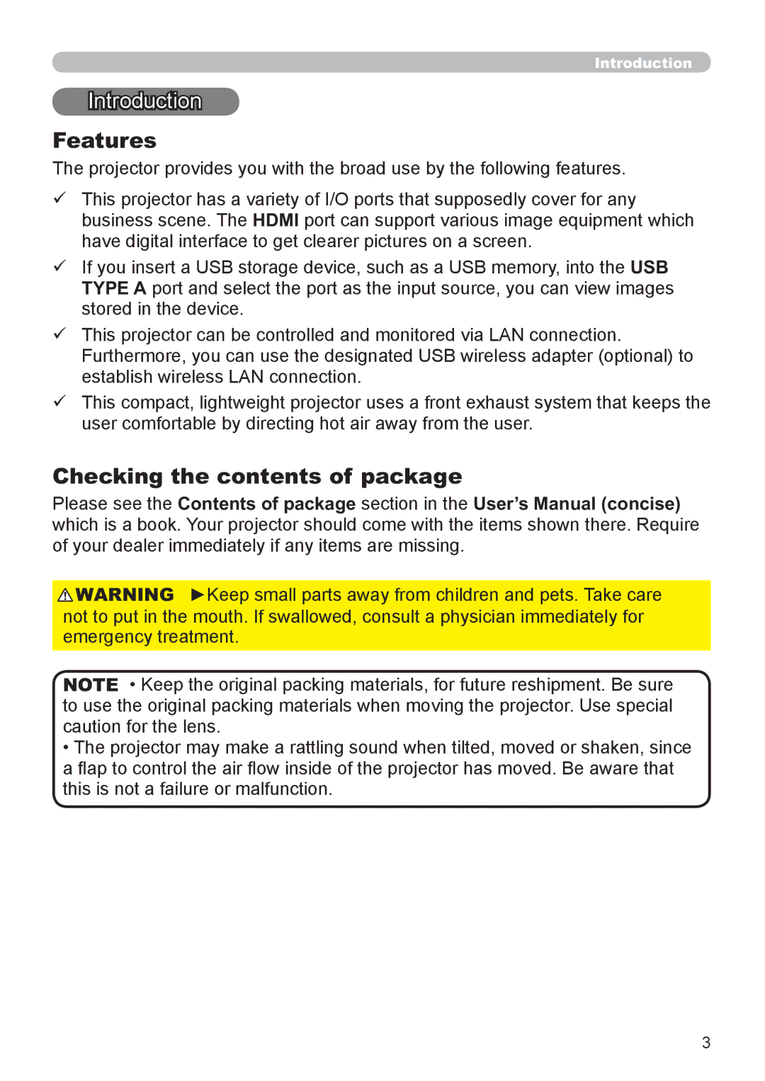 Hitachi CP-X3021WN, CP-X2521WN user manual Features, Checking the contents of package 