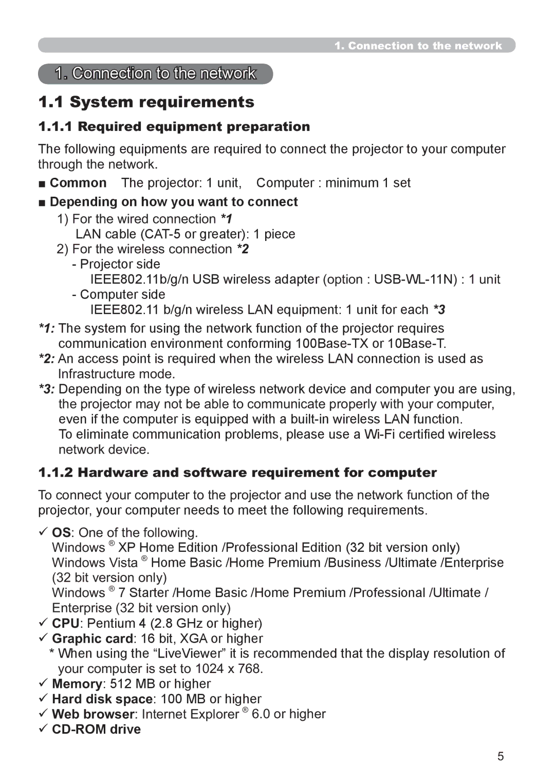 Hitachi CP-X2521WN, CP-X3021WN user manual Connection to the network, System requirements, Required equipment preparation 