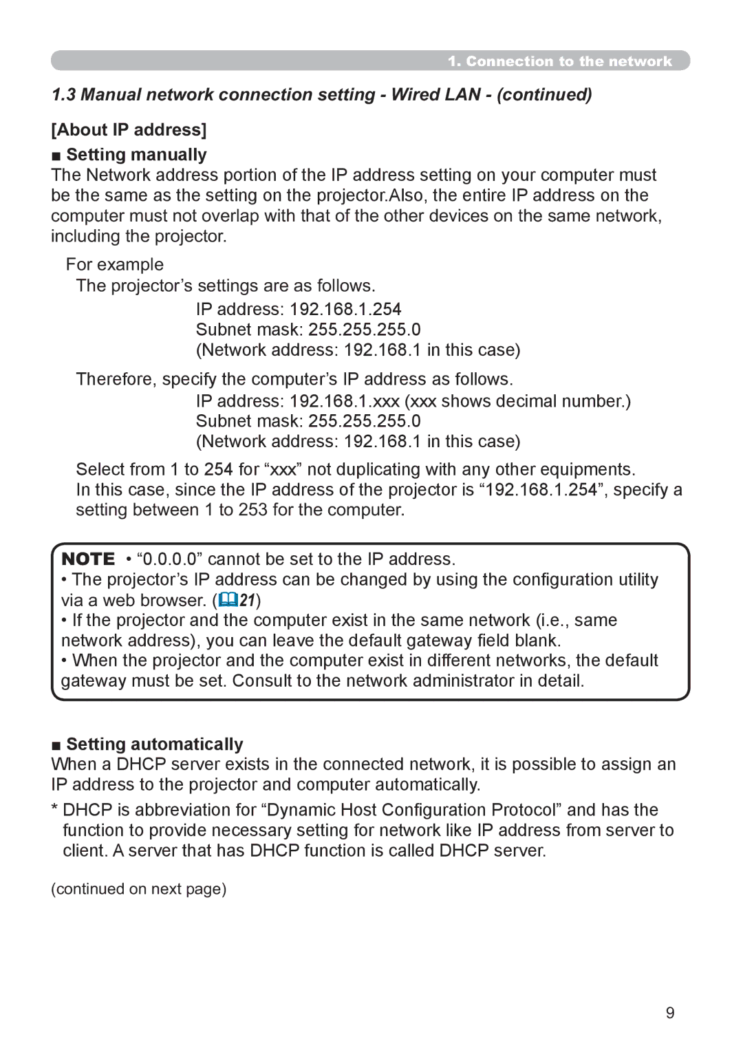 Hitachi CP-X2521WN, CP-X3021WN user manual About IP address Setting manually, Setting automatically 