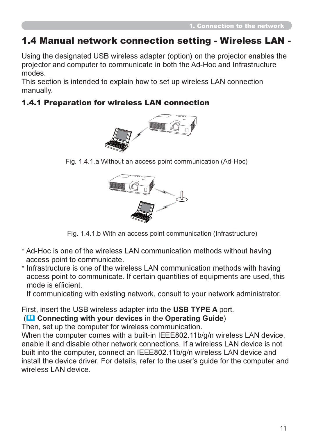 Hitachi CP-X2521WN, CP-X3021WN Manual network connection setting Wireless LAN, Preparation for wireless LAN connection 