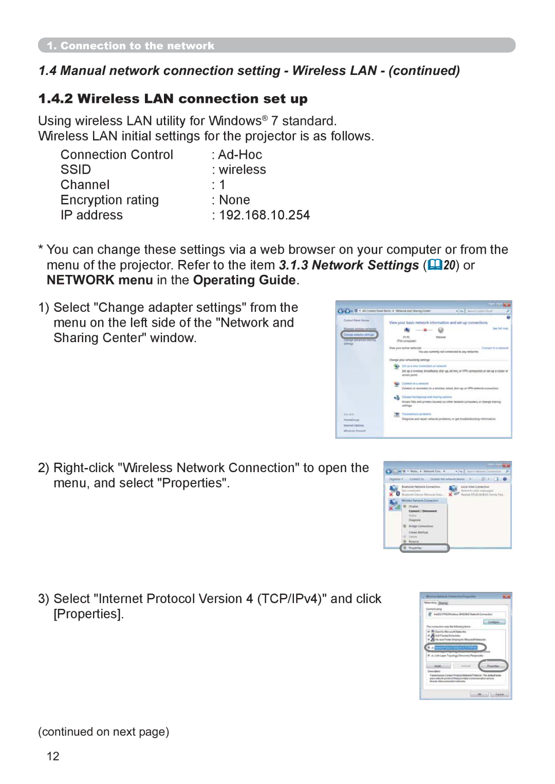 Hitachi CP-X3021WN, CP-X2521WN user manual Manual network connection setting Wireless LAN, Wireless LAN connection set up 