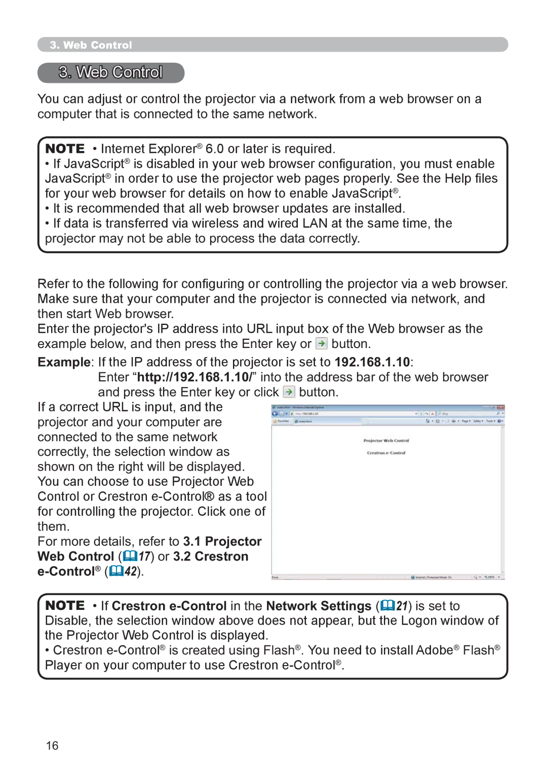 Hitachi CP-X3021WN, CP-X2521WN user manual Web Control 17 or 3.2 Crestron e-Control 