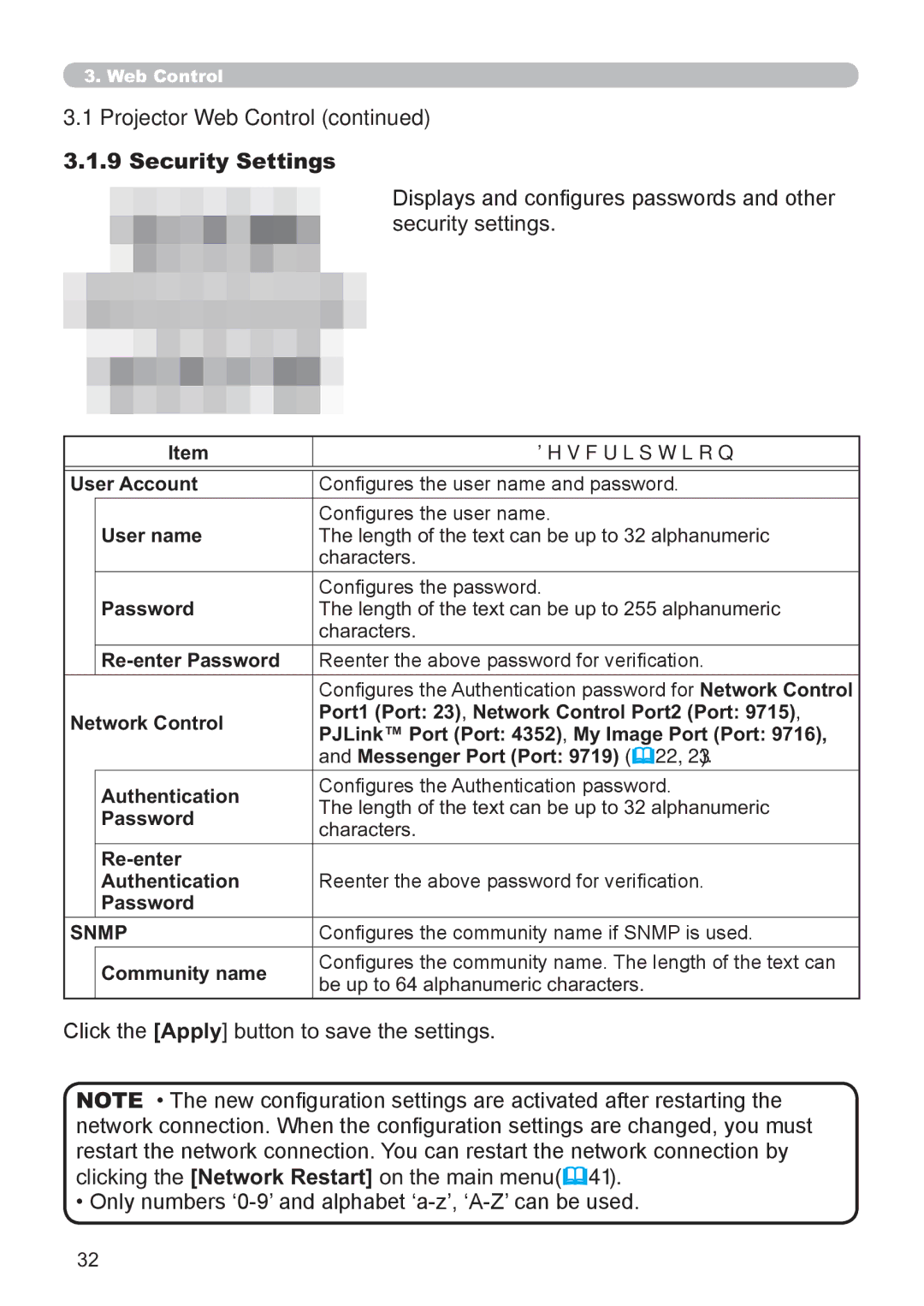 Hitachi CP-X3021WN, CP-X2521WN user manual Security Settings, Snmp 