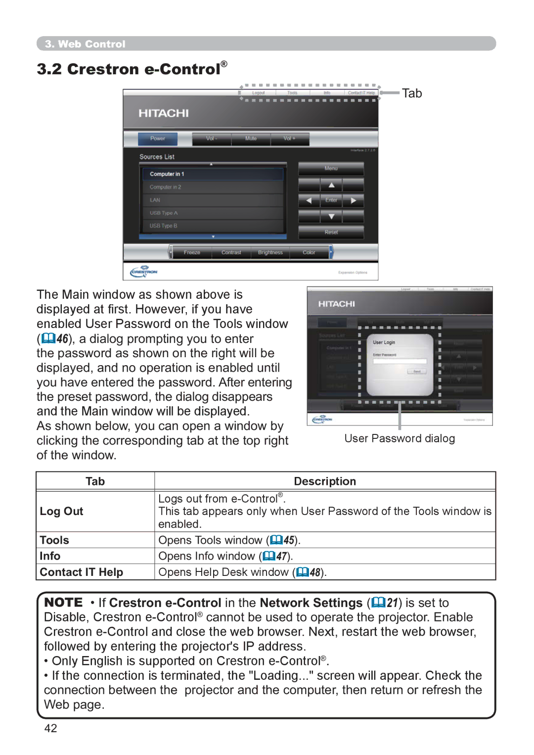 Hitachi CP-X3021WN, CP-X2521WN user manual Crestron e-Control, Clicking the corresponding tab at the top right, Window 