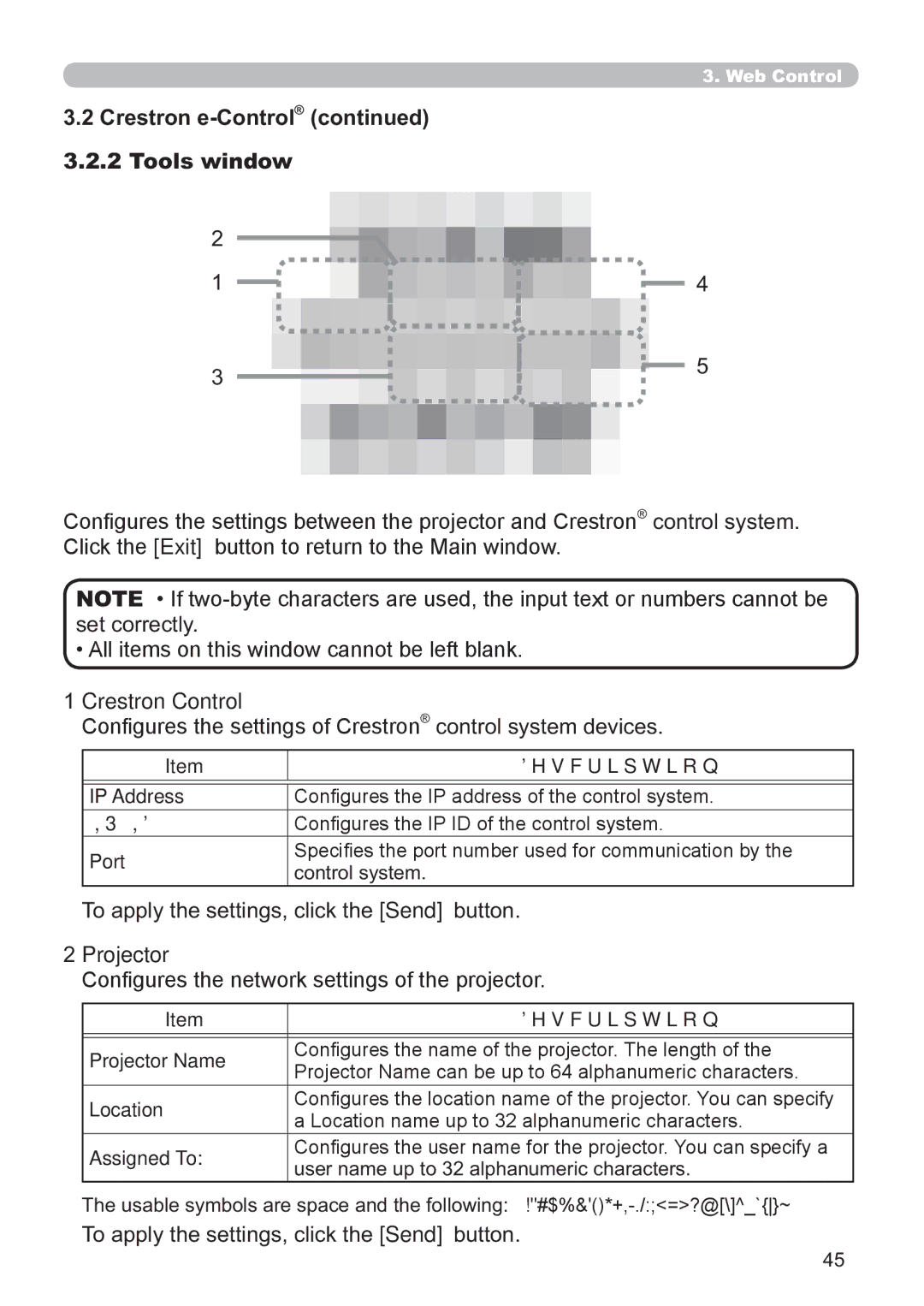 Hitachi CP-X2521WN, CP-X3021WN Tools window, Crestron Control, Congures the settings of Crestron control system devices 