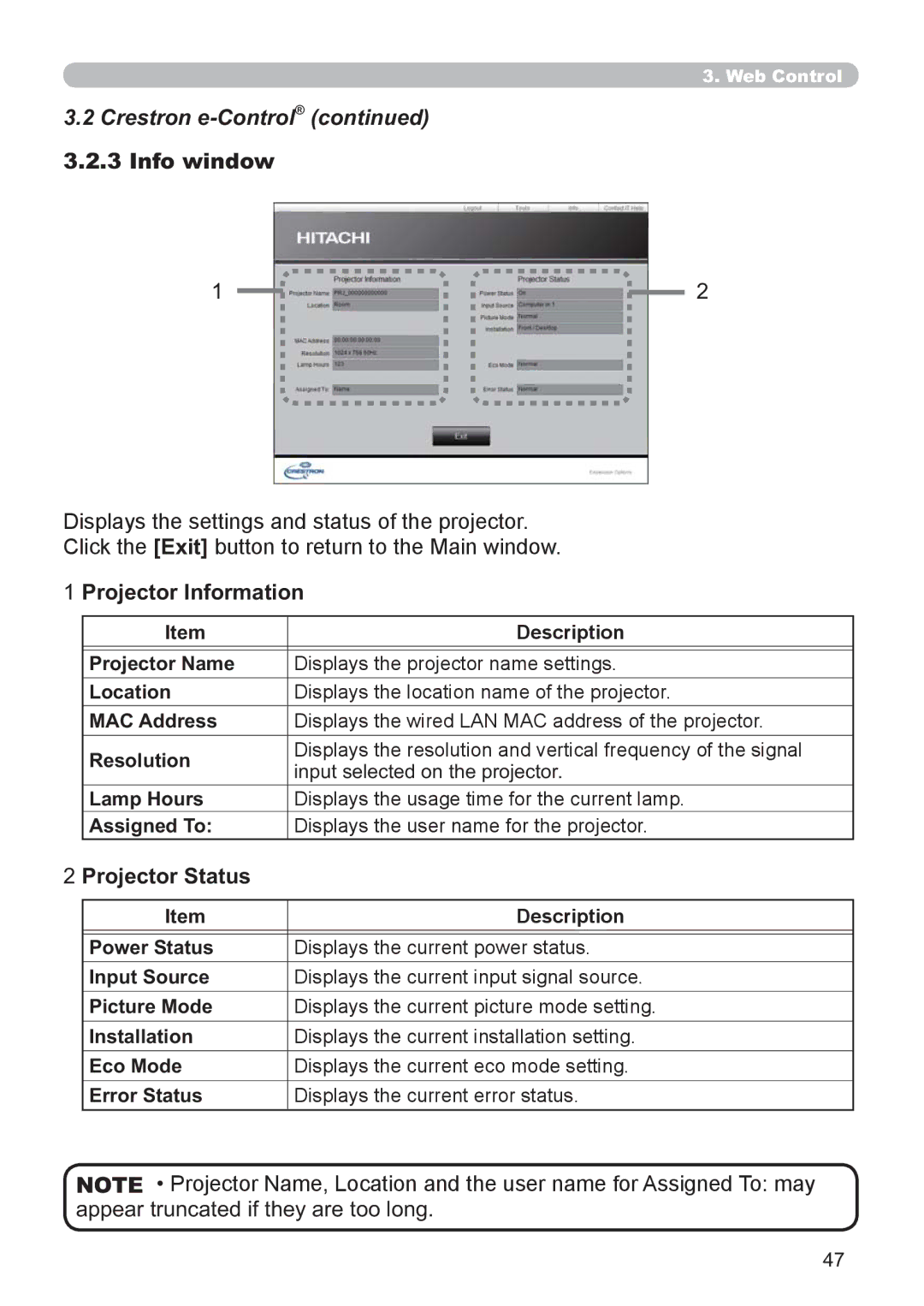 Hitachi CP-X2521WN, CP-X3021WN user manual Info window, Projector Information 