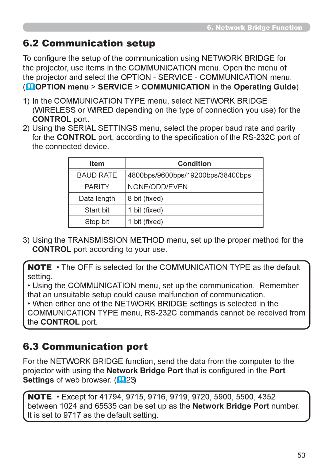 Hitachi CP-X2521WN Communication setup, Communication port, Option menu Service Communication in the Operating Guide 