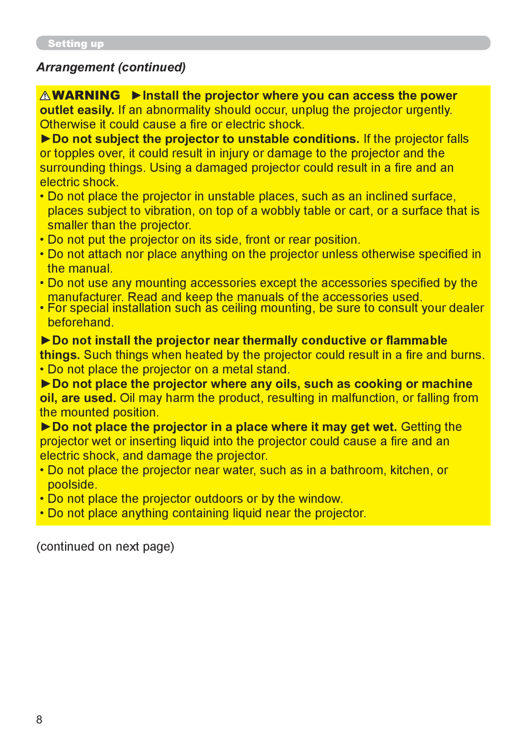 Hitachi CP-X2521WN, CP-X3021WN user manual Arrangement, Do not place the projector on a metal stand 