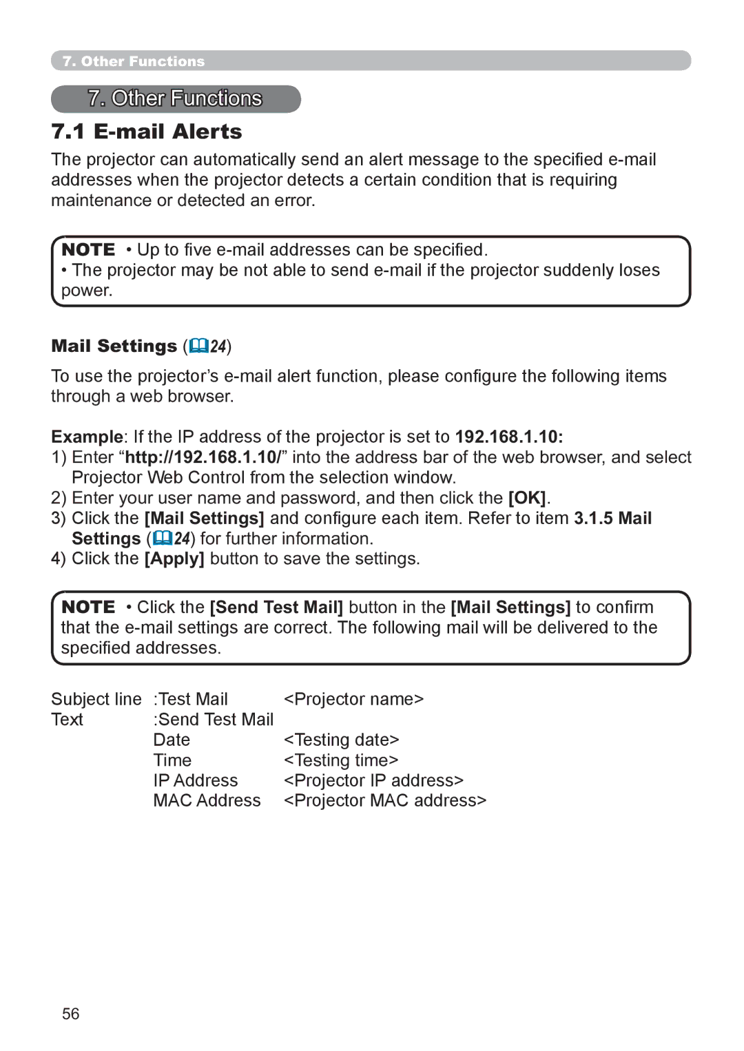 Hitachi CP-X3021WN, CP-X2521WN user manual Other Functions, Mail Alerts 