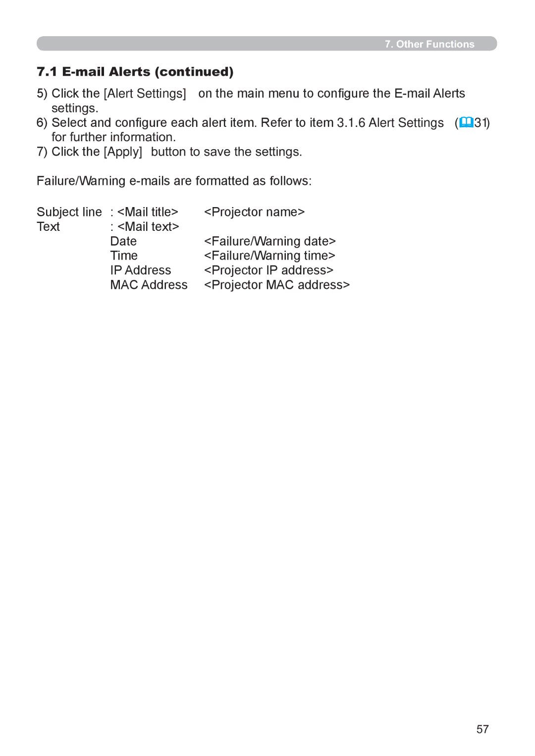 Hitachi CP-X2521WN, CP-X3021WN user manual Mail Alerts 