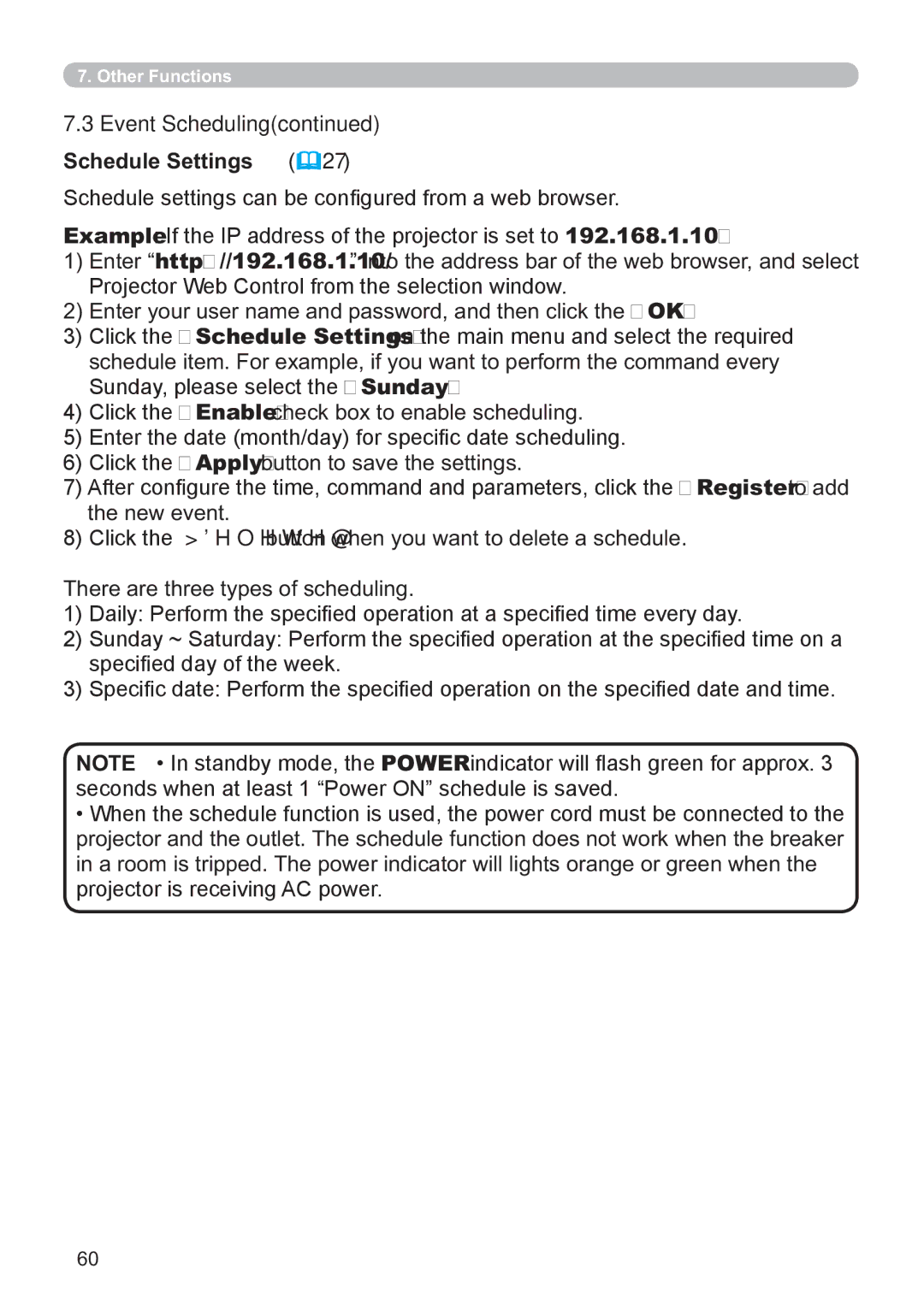 Hitachi CP-X3021WN, CP-X2521WN user manual Event Scheduling, Schedule Settings 