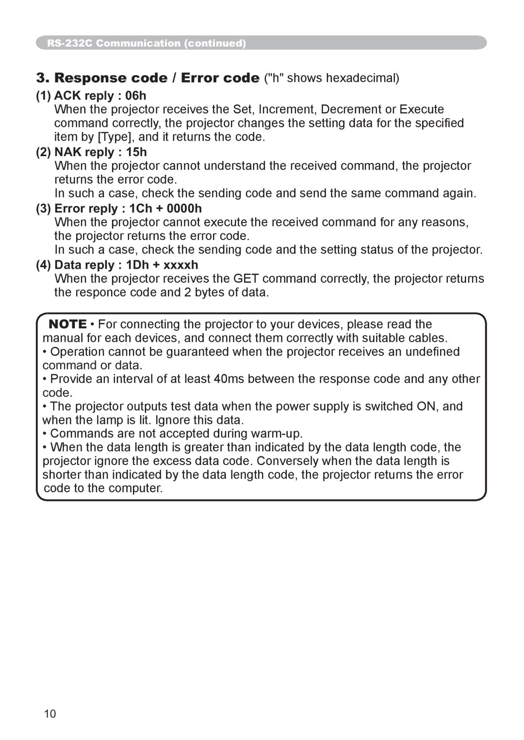 Hitachi CP-X3021WN, CP-X2521WN user manual ACK reply 06h, NAK reply 15h, Error reply 1Ch + 0000h, Data reply 1Dh + xxxxh 