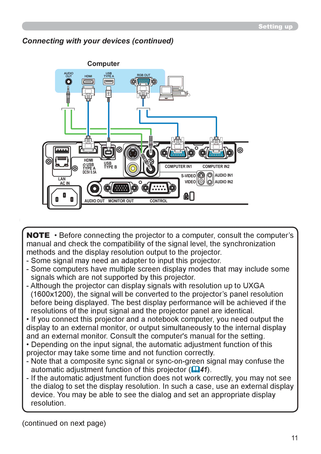 Hitachi CP-X3021WN, CP-X2521WN user manual Connecting with your devices, Computer 