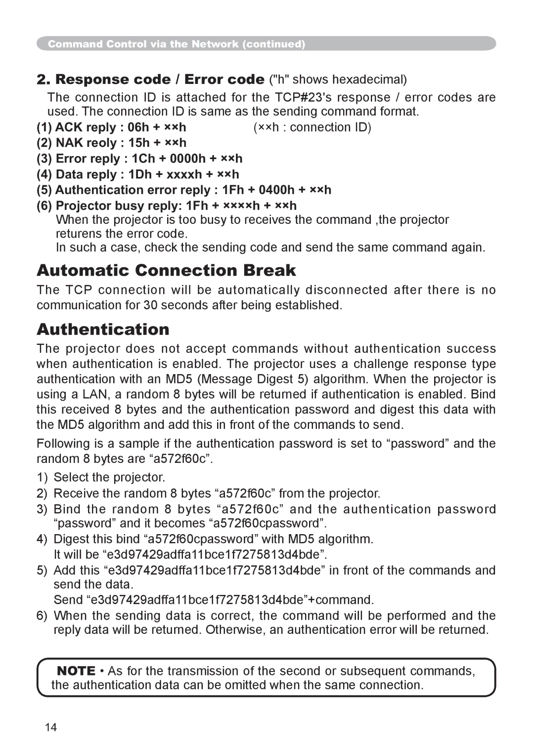 Hitachi CP-X3021WN, CP-X2521WN Automatic Connection Break, Authentication, ACK reply 06h + ××h, ××h connection ID 