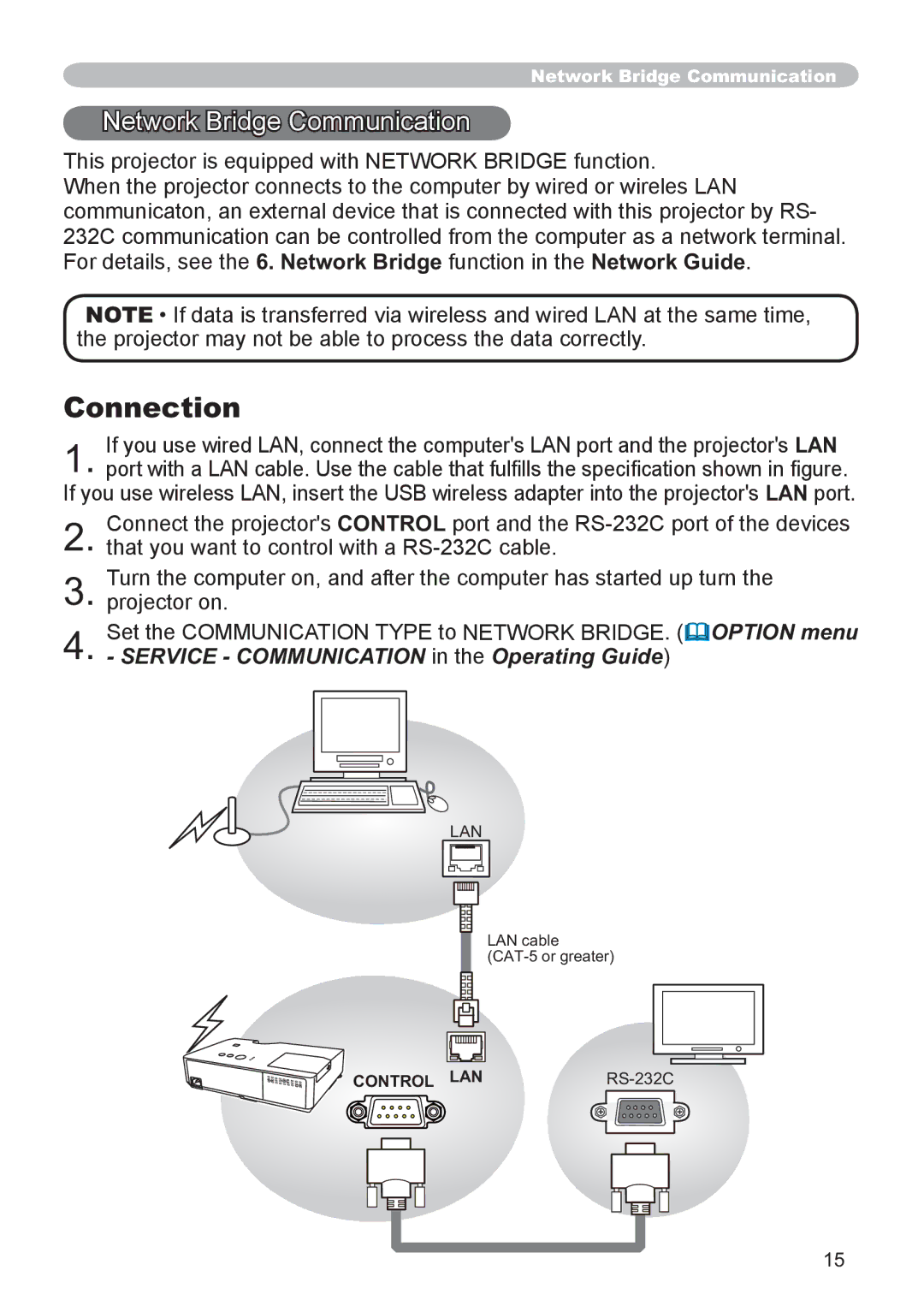 Hitachi CP-X2521WN, CP-X3021WN user manual Network Bridge Communication, Service Communication in the Operating Guide 