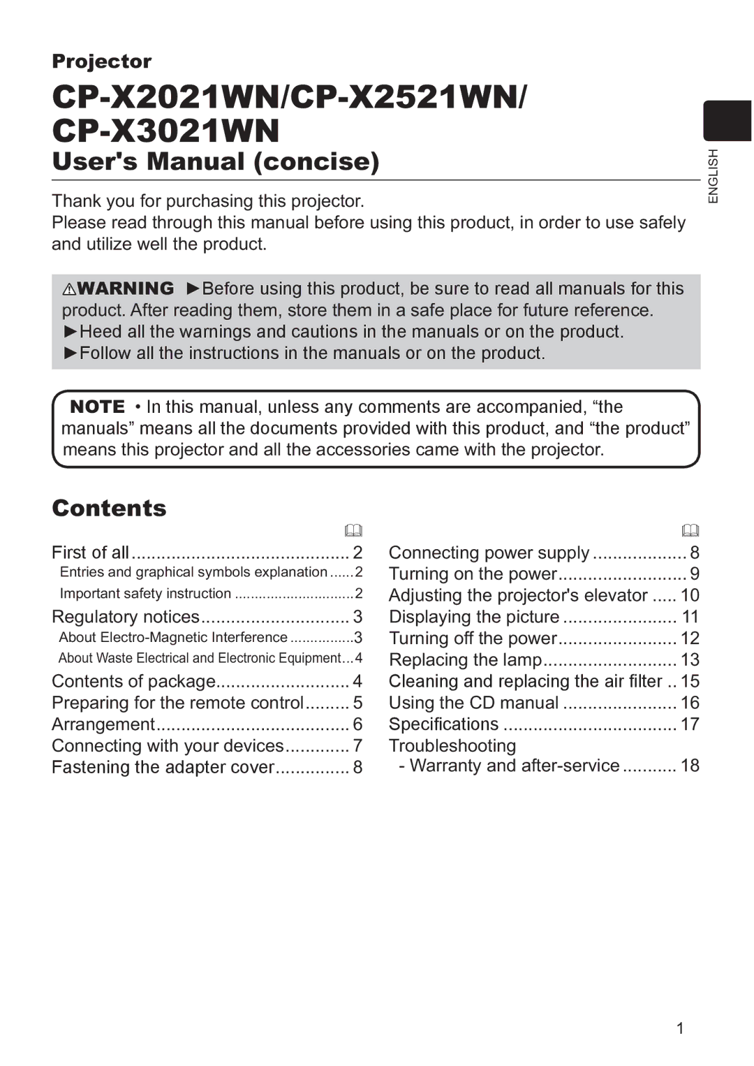 Hitachi CP-X3021WN, CP-X2521WN user manual Contents 