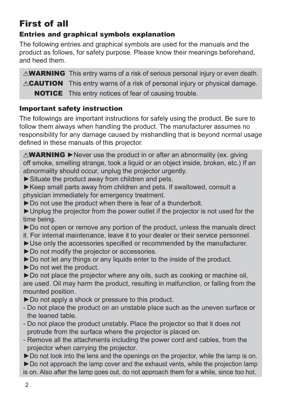 Hitachi CP-X2521WN, CP-X3021WN First of all, Entries and graphical symbols explanation, Important safety instruction 