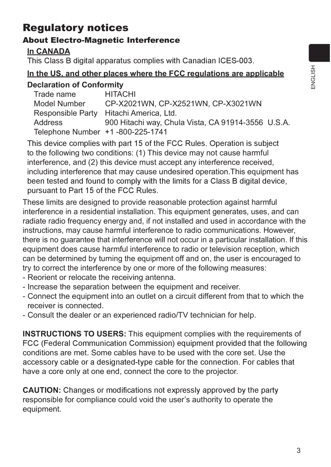 Hitachi CP-X3021WN, CP-X2521WN user manual Regulatory notices, About Electro-Magnetic Interference Canada, Trade name 