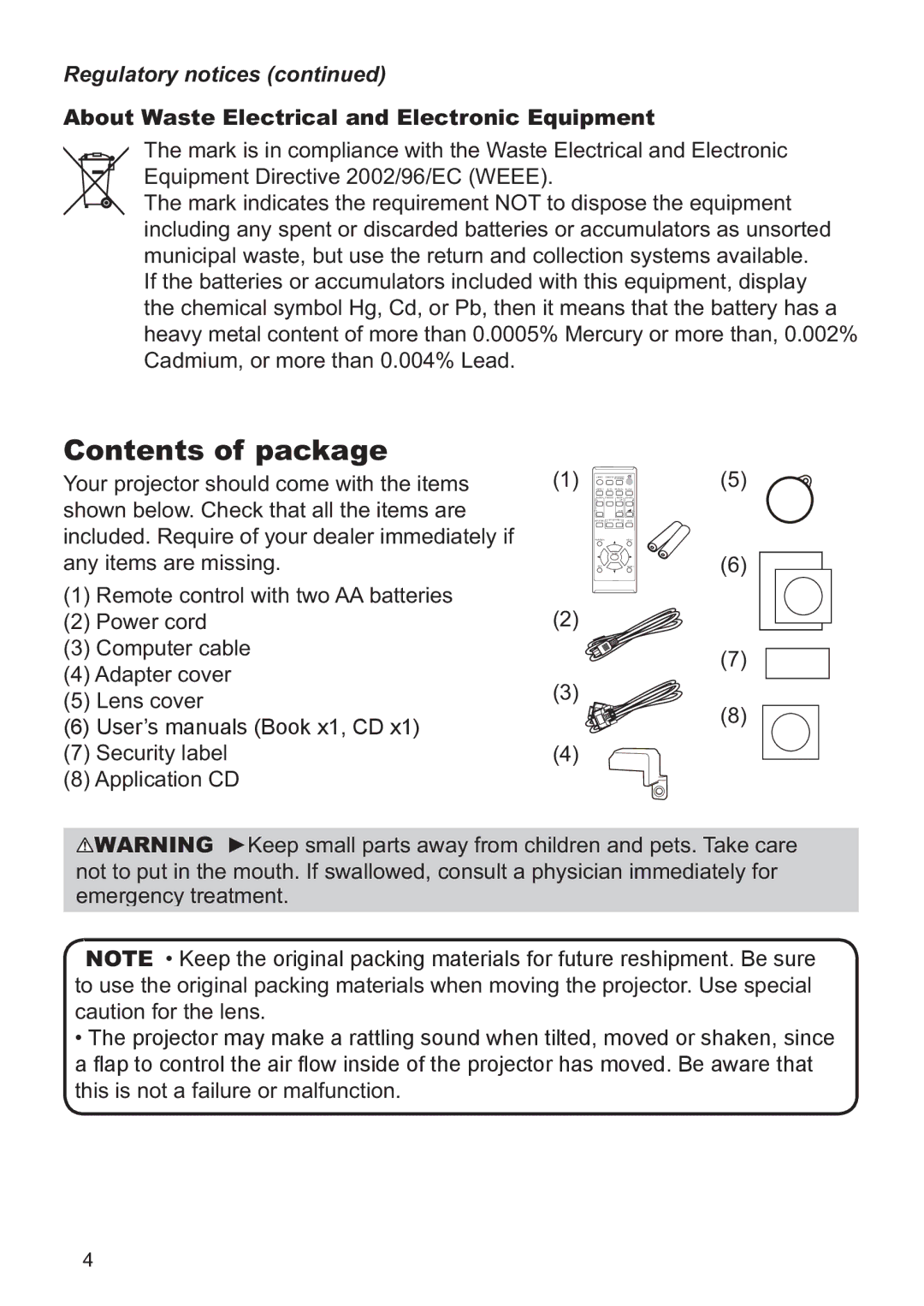 Hitachi CP-X2521WN, CP-X3021WN user manual Contents of package 