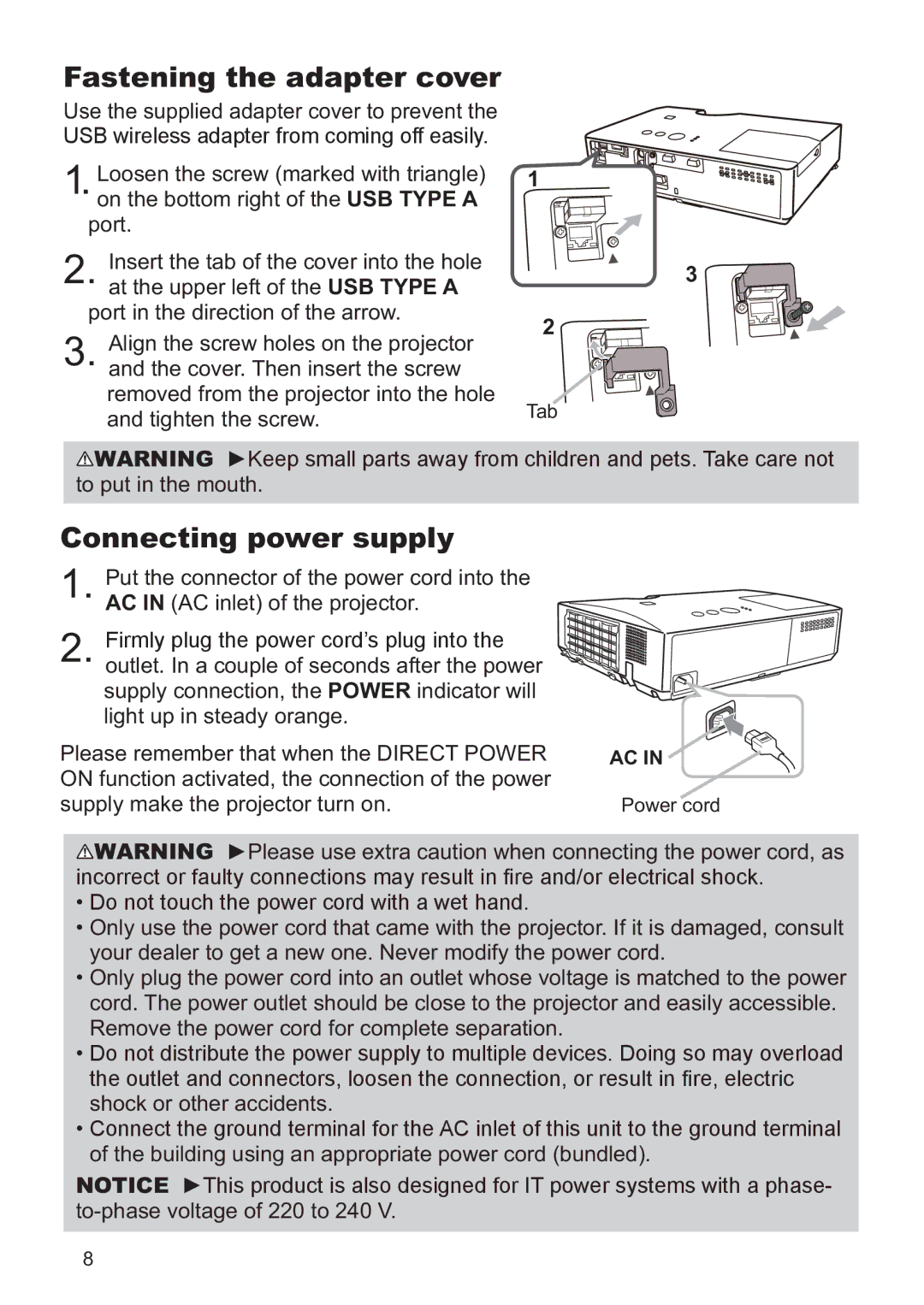 Hitachi CP-X2521WN, CP-X3021WN user manual Connecting power supply, To put in the mouth 