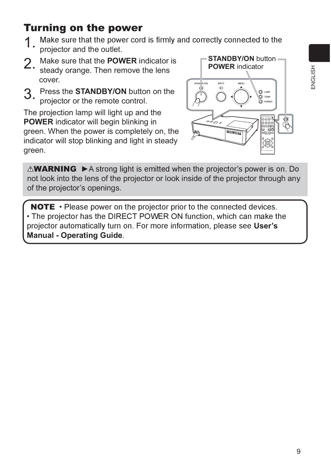 Hitachi CP-X3021WN, CP-X2521WN user manual Turning on the power, Steady orange. Then remove the lens 