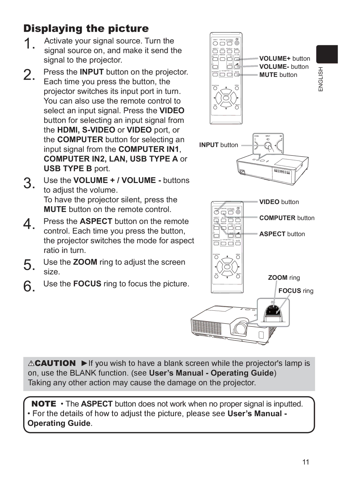 Hitachi CP-X3021WN, CP-X2521WN user manual Displaying the picture, Use the Volume + / Volume buttons to adjust the volume 