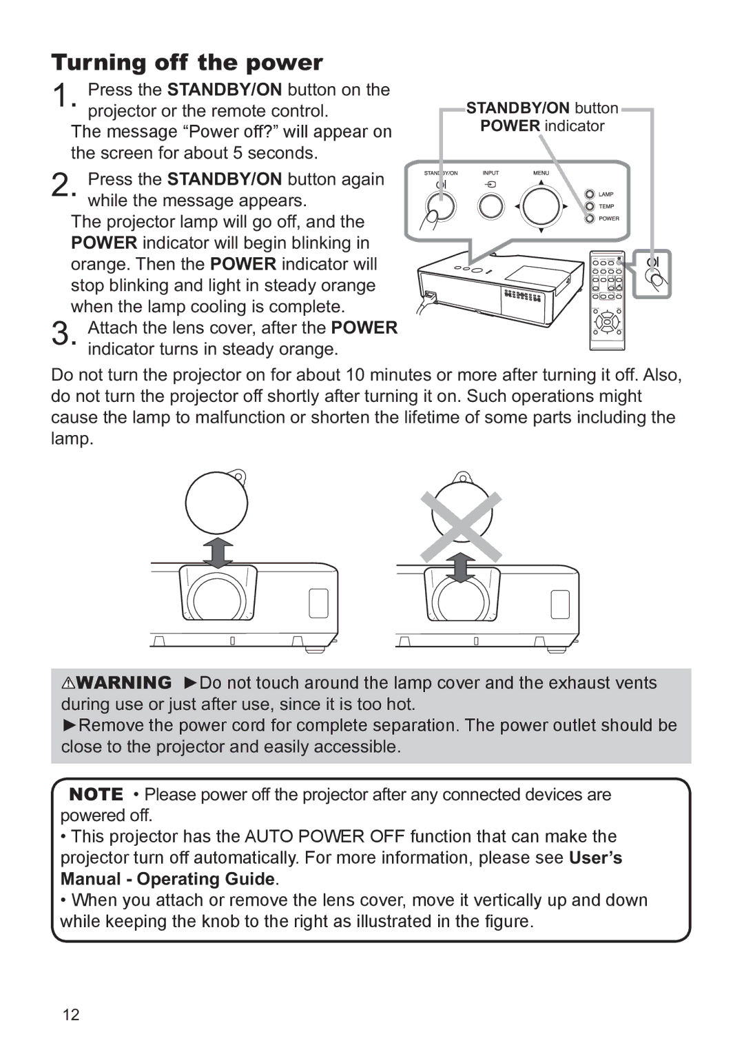 Hitachi CP-X2521WN, CP-X3021WN user manual Turning off the power, Manual Operating Guide 