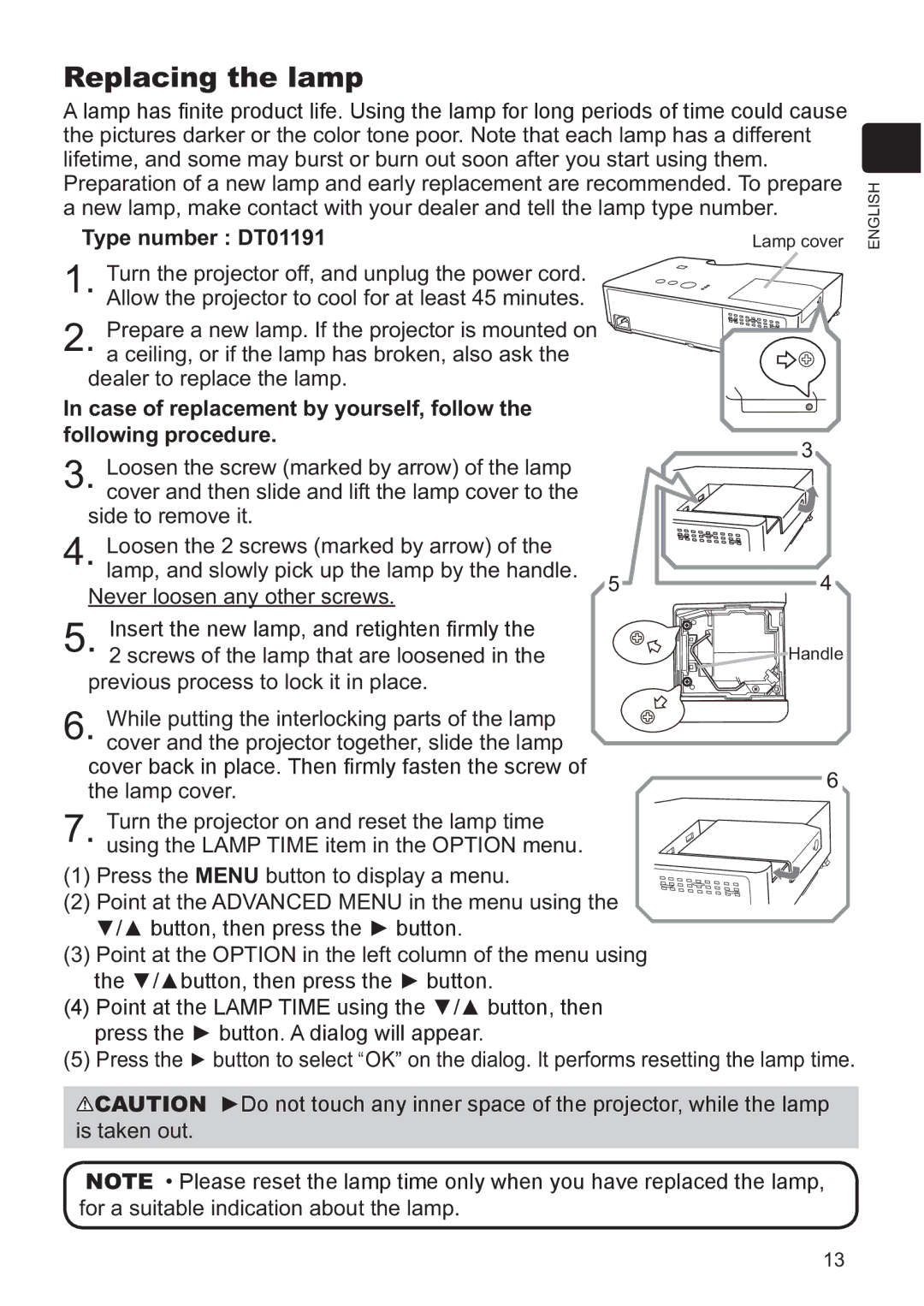 Hitachi CP-X3021WN, CP-X2521WN user manual Replacing the lamp, Type number DT01191 