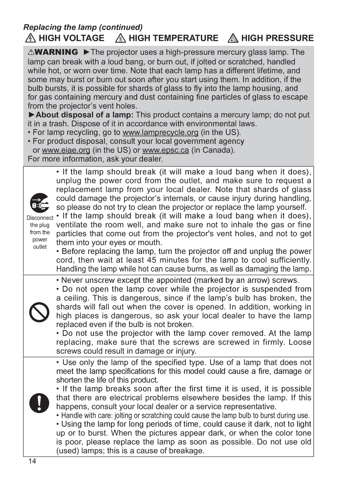 Hitachi CP-X2521WN, CP-X3021WN user manual Replacing the lamp, Them into your eyes or mouth 