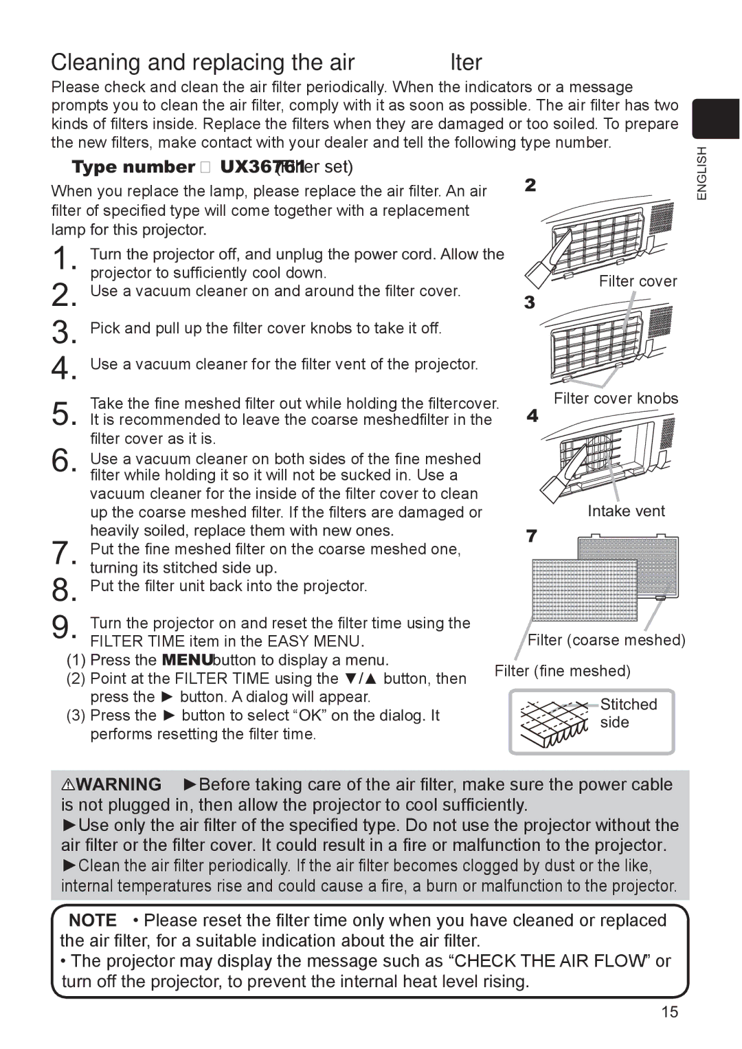 Hitachi CP-X3021WN, CP-X2521WN user manual Cleaning and replacing the air ﬁlter, Type number UX36761 Filter set 