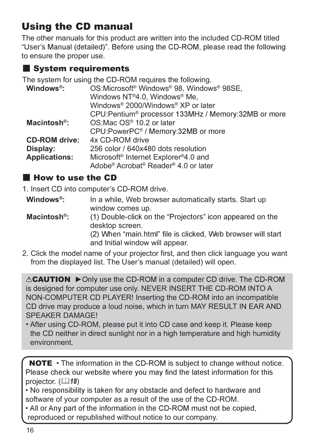 Hitachi CP-X2521WN, CP-X3021WN user manual Using the CD manual, Macintosh, CD-ROM drive, Display, Applications 