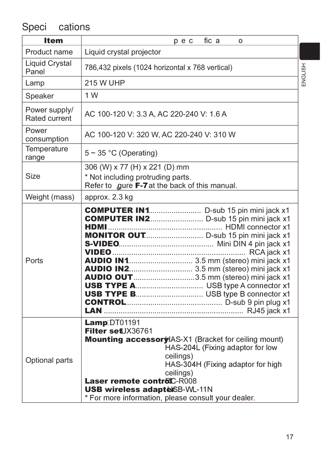 Hitachi CP-X3021WN, CP-X2521WN user manual Speciﬁcations, Filter set UX36761 