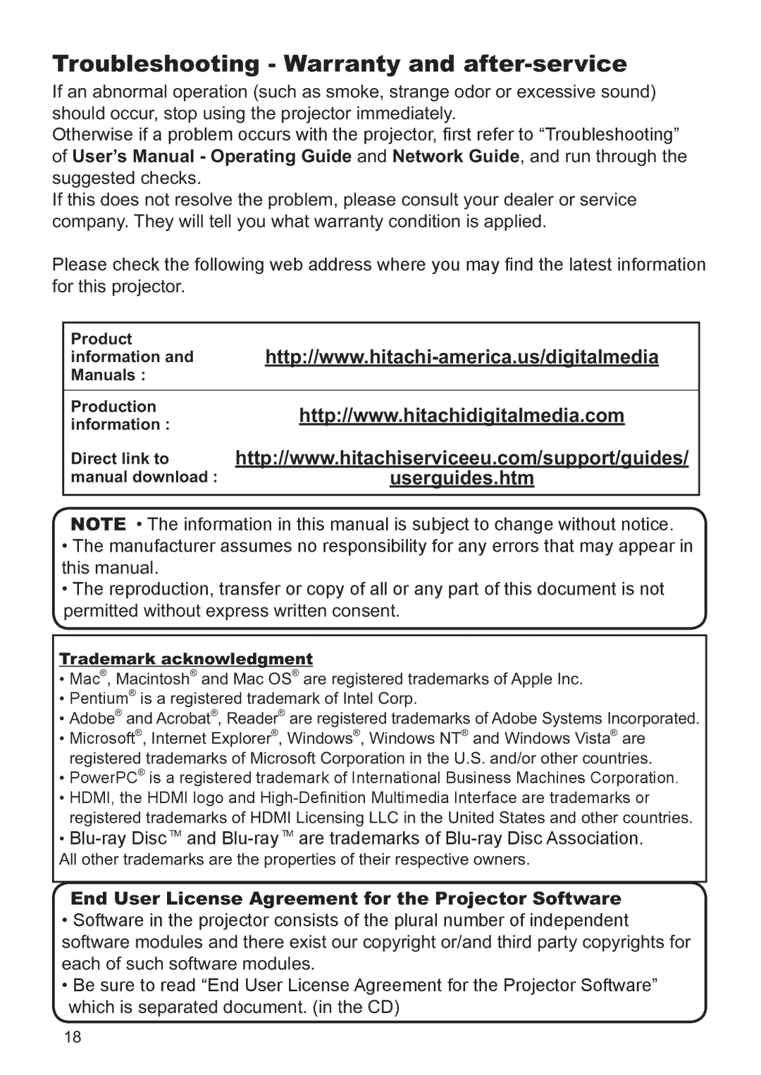 Hitachi CP-X2521WN, CP-X3021WN user manual Troubleshooting Warranty and after-service, Userguides.htm 