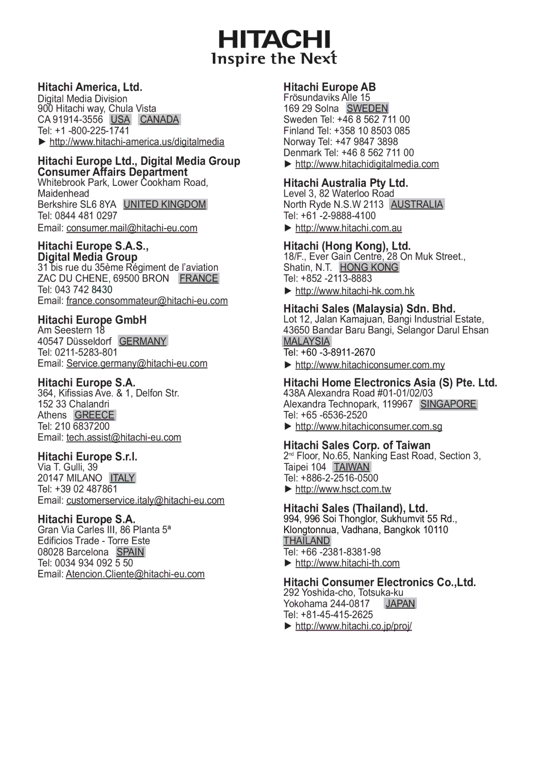Hitachi CP-X3021WN, CP-X2521WN Hitachi Europe AB, Consumer Affairs Department, Hitachi Europe S.A.S Digital Media Group 