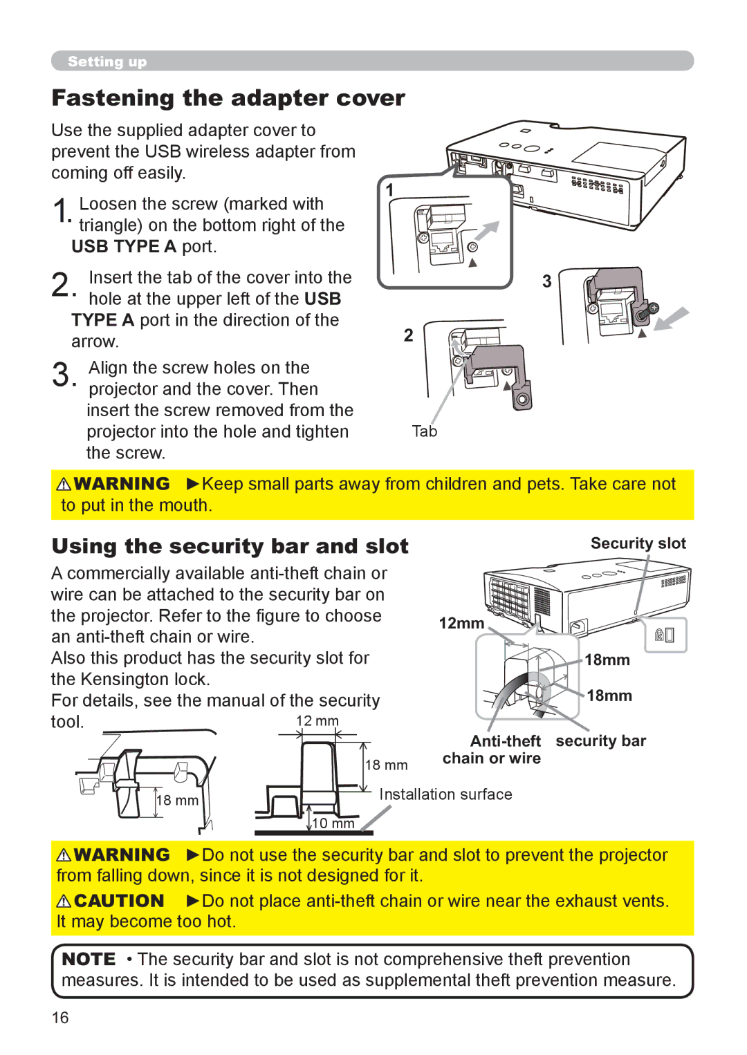 Hitachi CP-X2521WN Fastening the adapter cover, Using the security bar and slot, Security slot 12mm, Chain or wire 