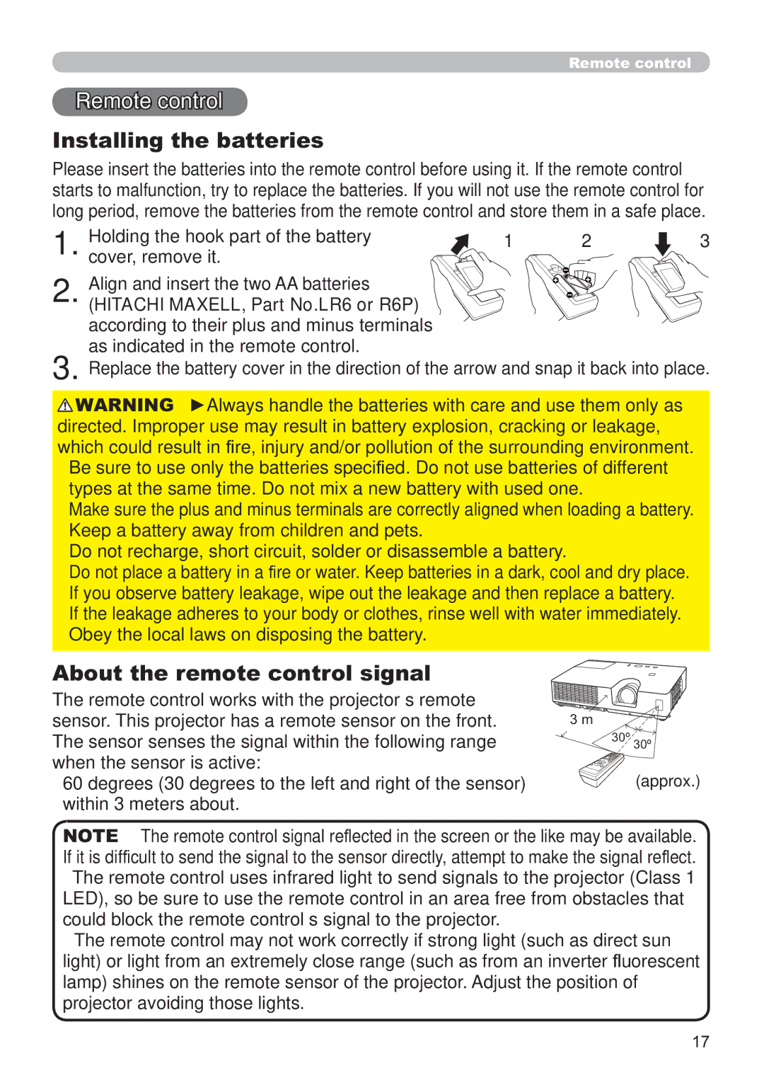 Hitachi CP-X3021WN, CP-X2521WN user manual Remote control, Installing the batteries, About the remote control signal 