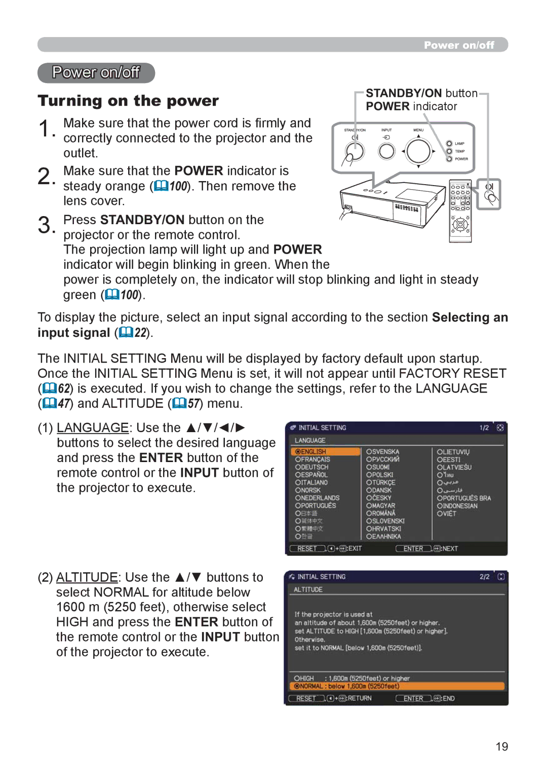 Hitachi CP-X3021WN, CP-X2521WN user manual Power on/off, Turning on the power, STANDBY/ON button 