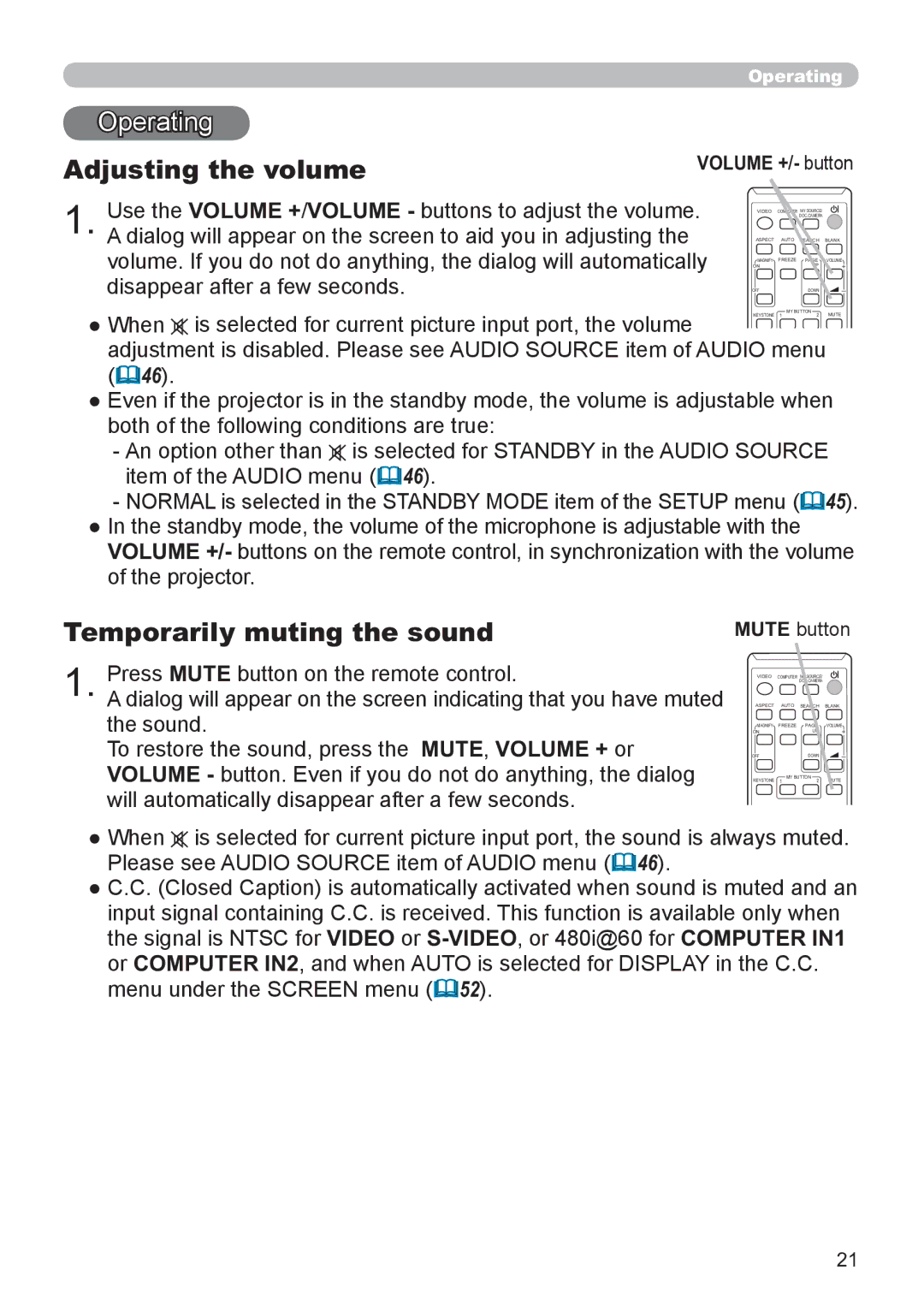 Hitachi CP-X3021WN, CP-X2521WN user manual Operating, Adjusting the volume, Temporarily muting the sound, Volume +/- button 