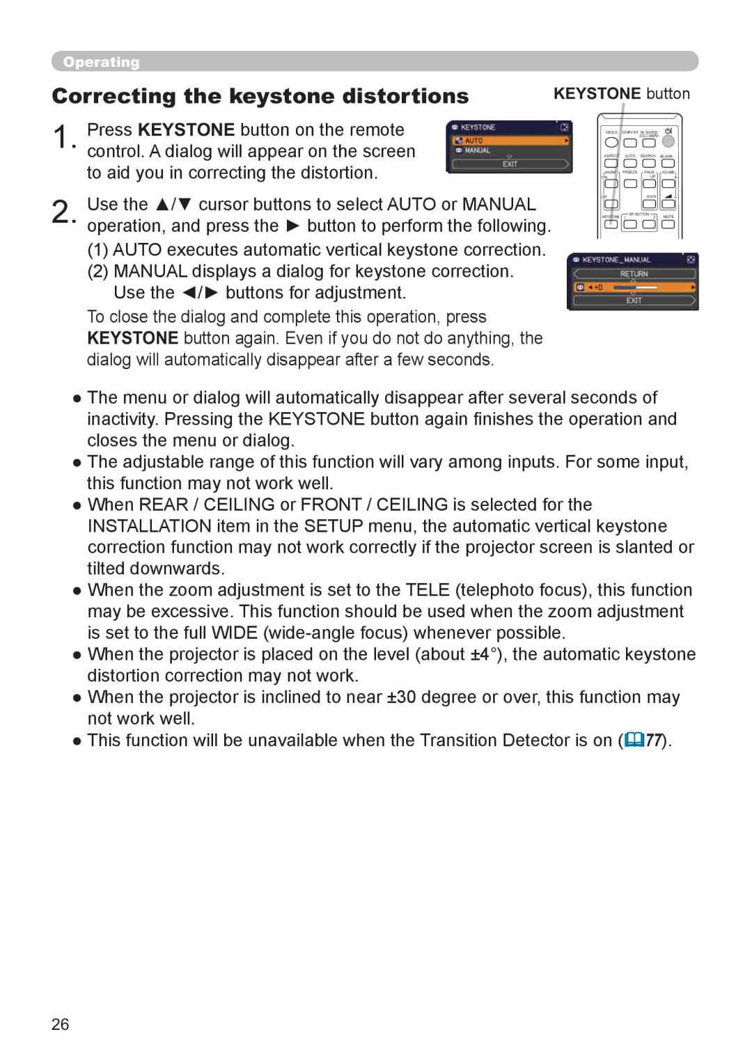 Hitachi CP-X2521WN, CP-X3021WN user manual Correcting the keystone distortions, Keystone button 