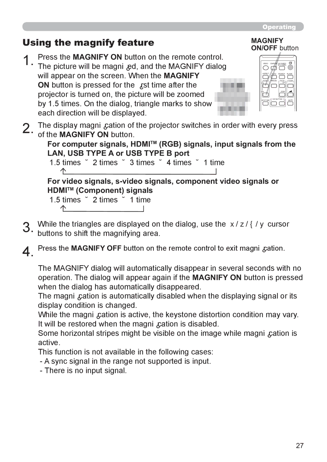 Hitachi CP-X3021WN Using the magnify feature, Times Æ 2 times Æ 3 times Æ 4 times Æ 1 time, Magnify ON/OFF button 