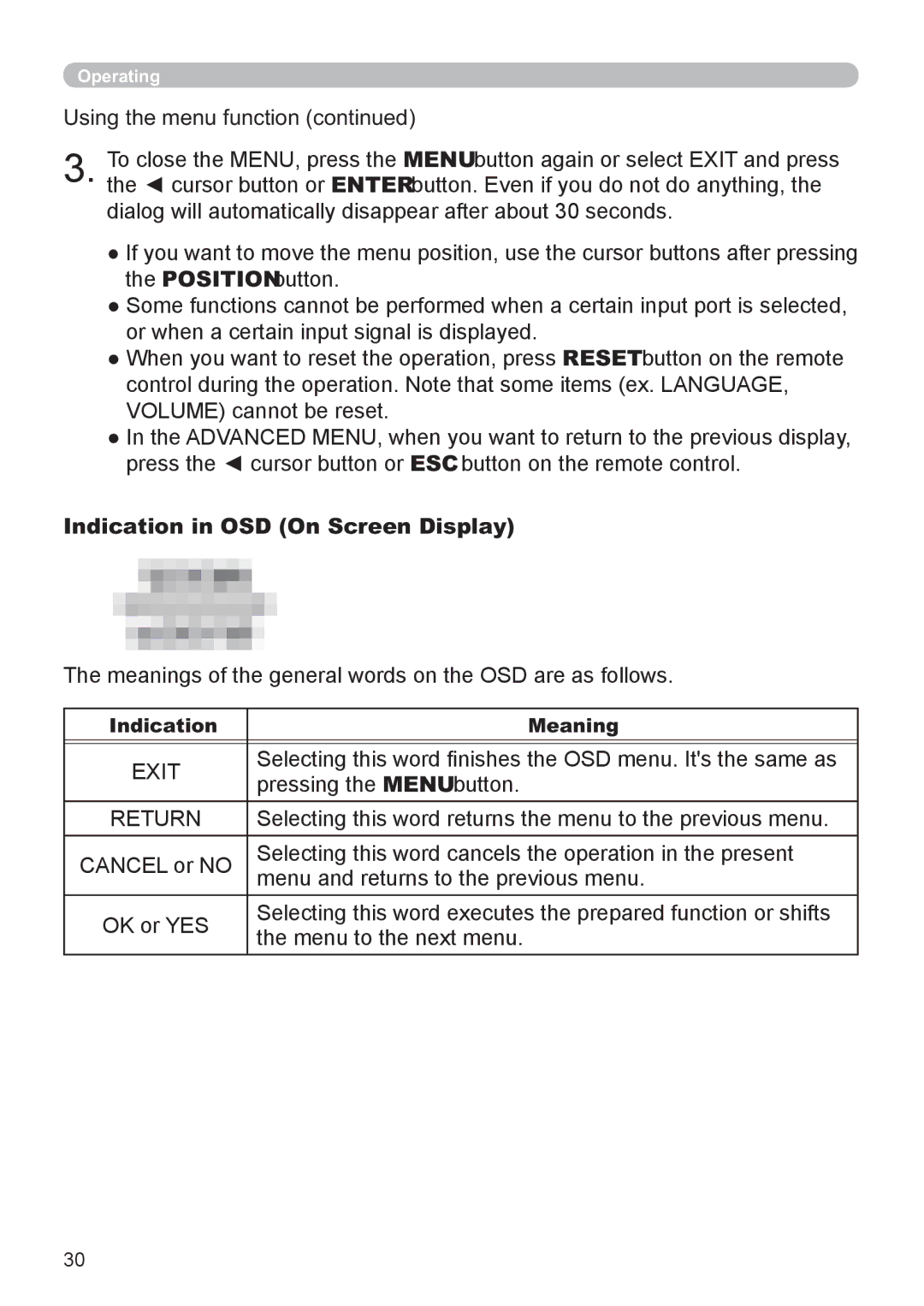 Hitachi CP-X2521WN, CP-X3021WN user manual Using the menu function, Indication in OSD On Screen Display 