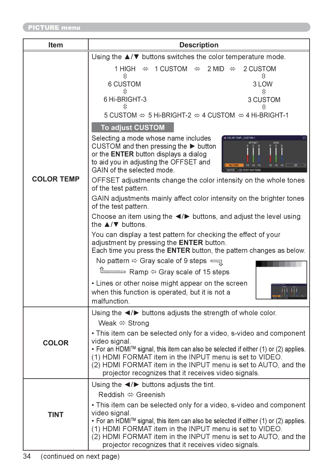 Hitachi CP-X2521WN, CP-X3021WN user manual High Ù 1 Custom Ù 2 MID Ù, Color Temp, Tint 