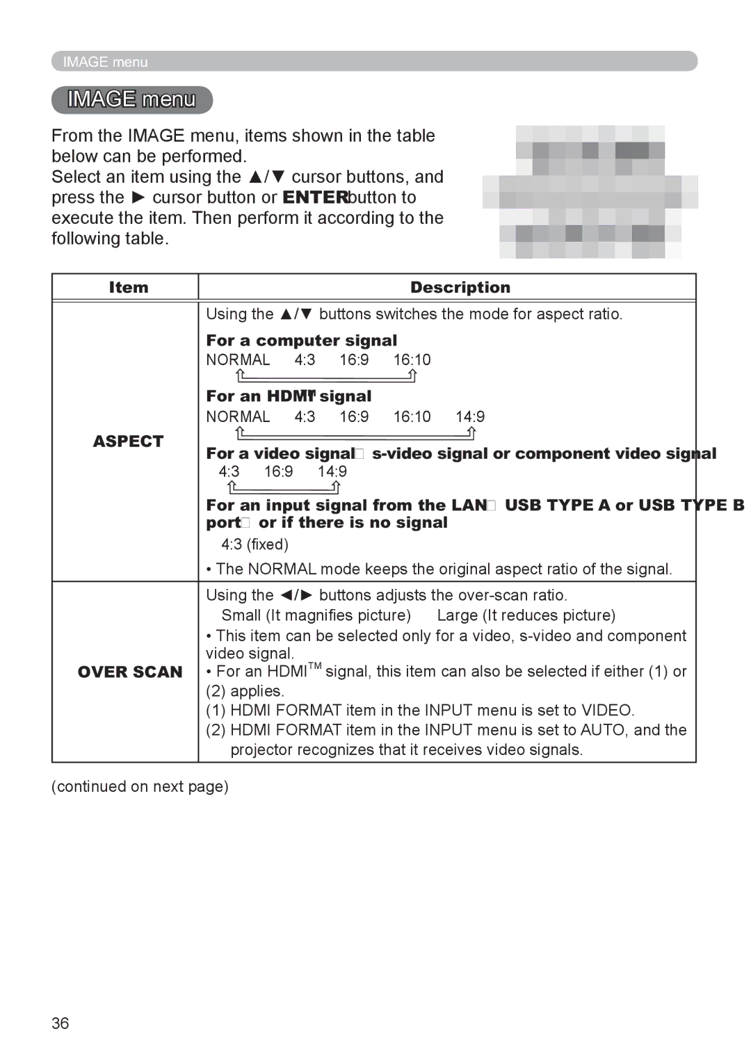 Hitachi CP-X2521WN, CP-X3021WN user manual Image menu, For a computer signal, For an Hdmitm signal 